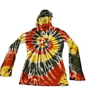 Ladies IDI by Matthew Brand Orange, Green and Yellow Hooded Tie Dye Shirt Large